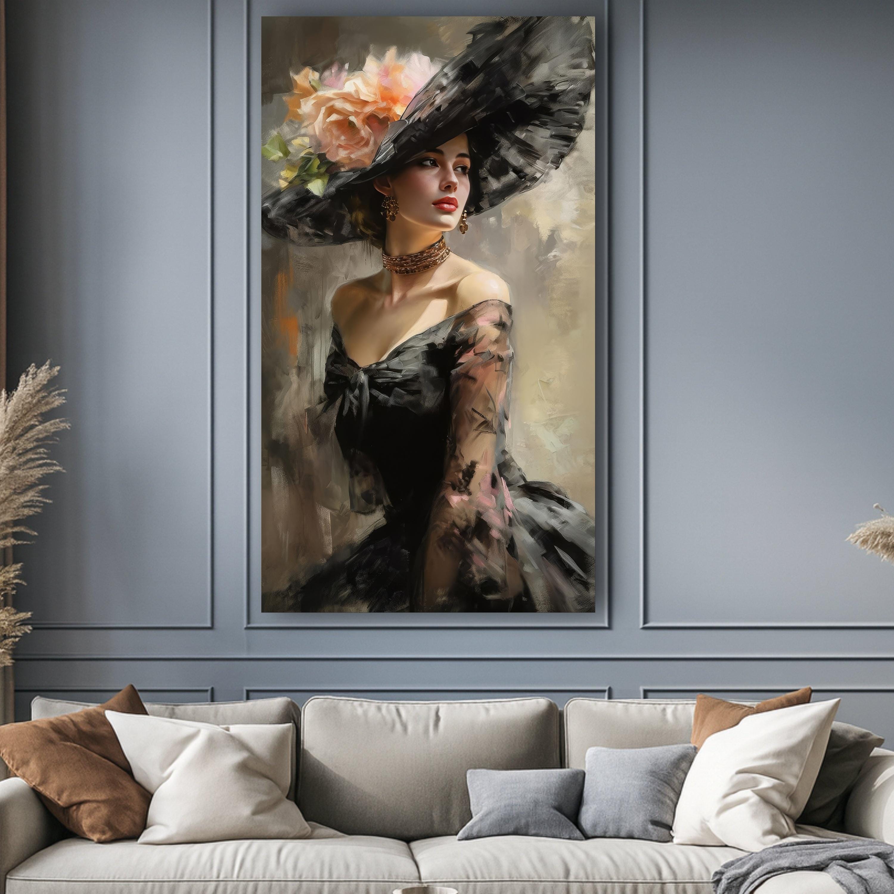 Elegant Lady Portrait, Vintage Fashion Canvas, Floral Hat Wall Art ...