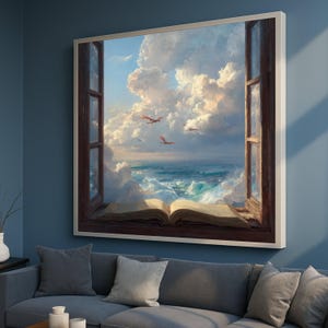 窓から見える海辺の景色キャンバス、幻想的な海の風景、空飛ぶドラゴンのアート、絵本のような風景キャンバス、シュールで魔法のような壁アート