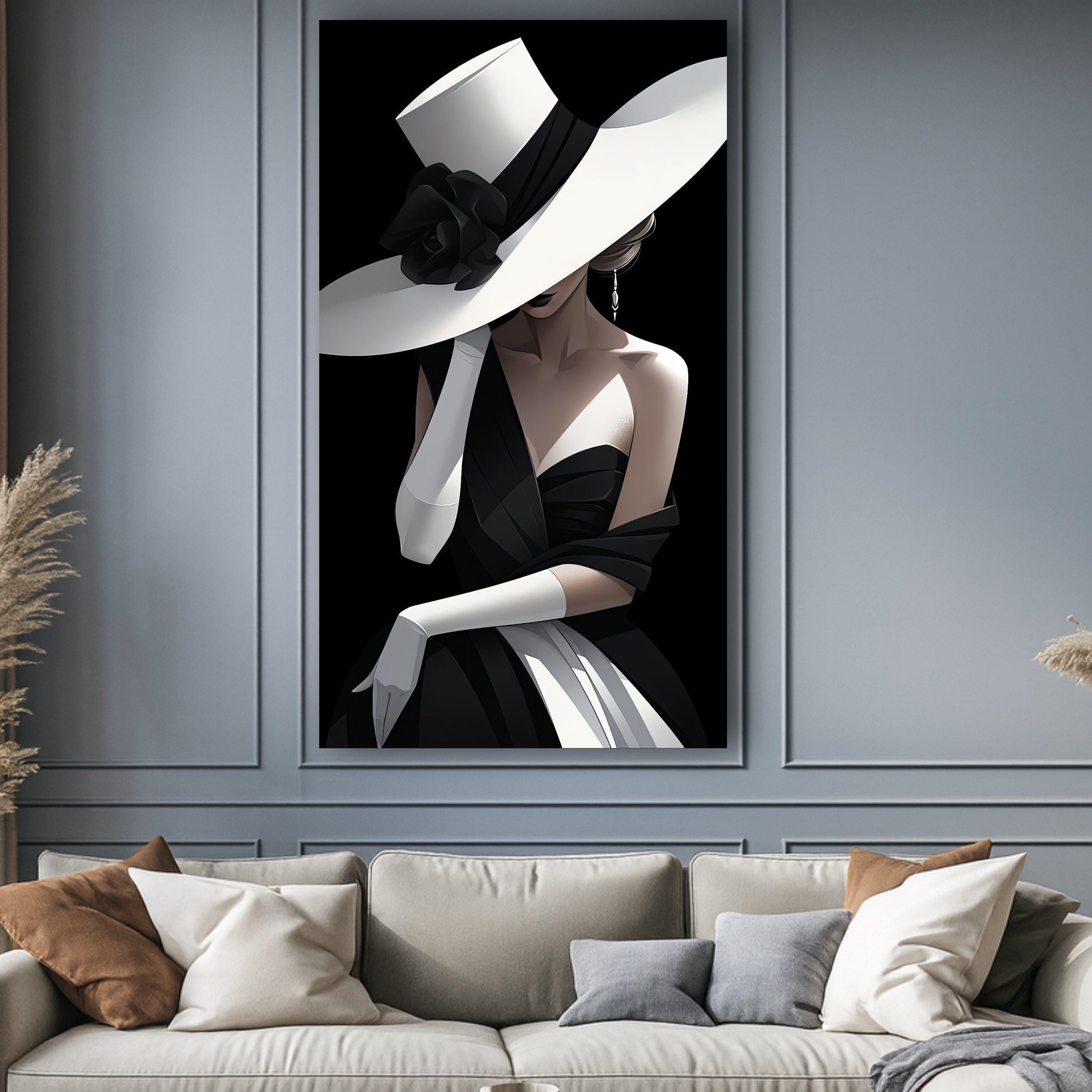 Elegant Woman in Black Dress With Large Hat Canvas, Fashion Portrait ...