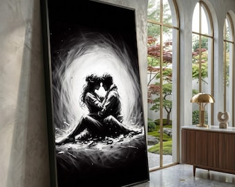 Romantic Embrace Silhouette Canvas, Black White Couple Wall Art, Intimate Love Scene Canvas, Modern Romantic Home Decor, Ready to Hang