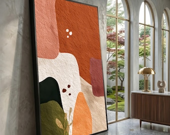 Abstrakt jordfärgad canvas, modern väggkonst i organisk form, brun grön orange dekor, modern canvastavla, heminredning
