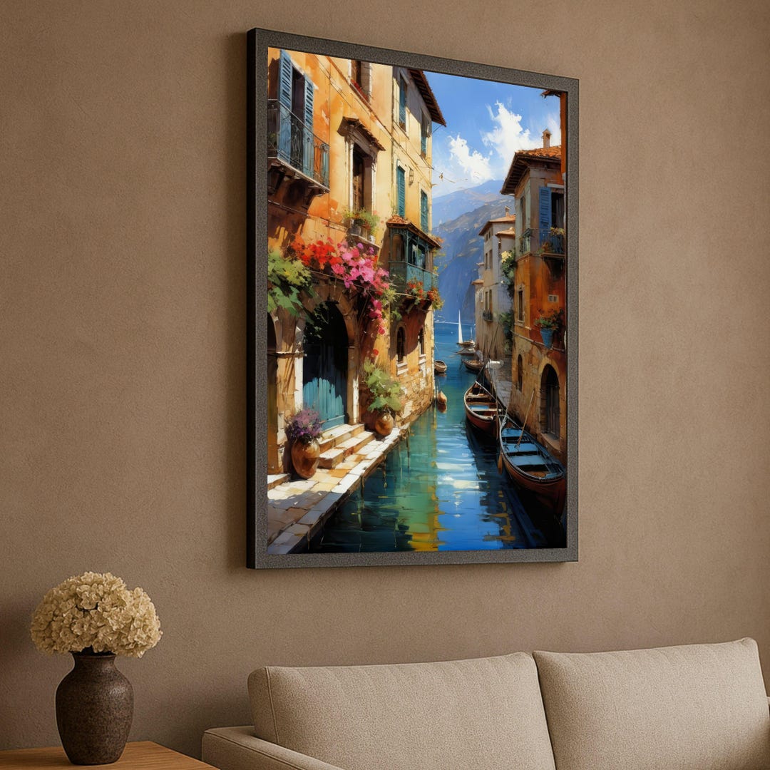Mediterranean Canal View Canvas, Italian Seaside Village Wall Art ...