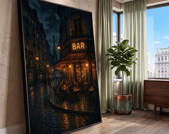 Paris Night Cafe Scene Canvas, Cozy Bar Wall Art, Urban Street View Canvas, Evening Cityscape Decor, Romantic Parisian Vibes
