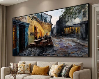Cozy Parisian Café Scene Canvas, Vintage Street View Wall Art, Impressionist Cityscape Canvas, Outdoor Cafe Decor, Oil Painting Print