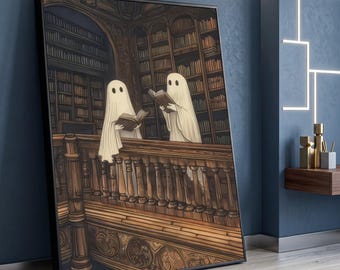 Whimsical Ghosts Reading Books Canvas, Haunted Library Wall Art, Spooky Home Decor, Vintage Bookstore Canvas, Halloween Wall Art, Literary