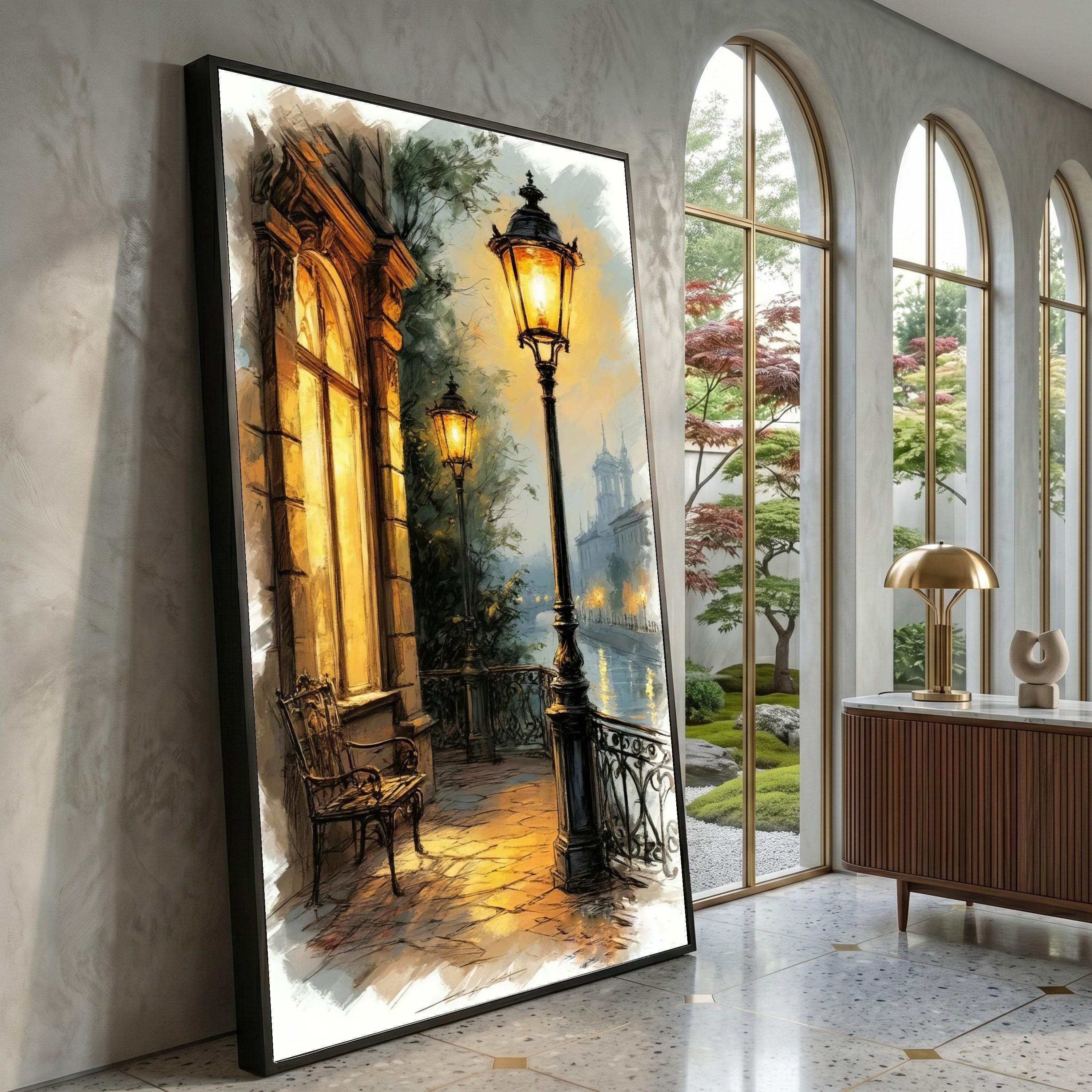 Vintage Street Lamp Evening, Romantic Balcony Canvas Art, Warm