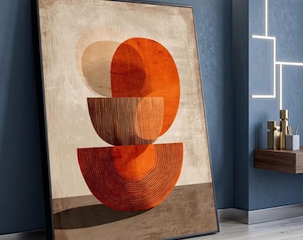 Abstrakta geometriska former på canvastavla, moderna neutrala toner, orange och brun dekorativ målning, minimalistisk heminredning, konstverk