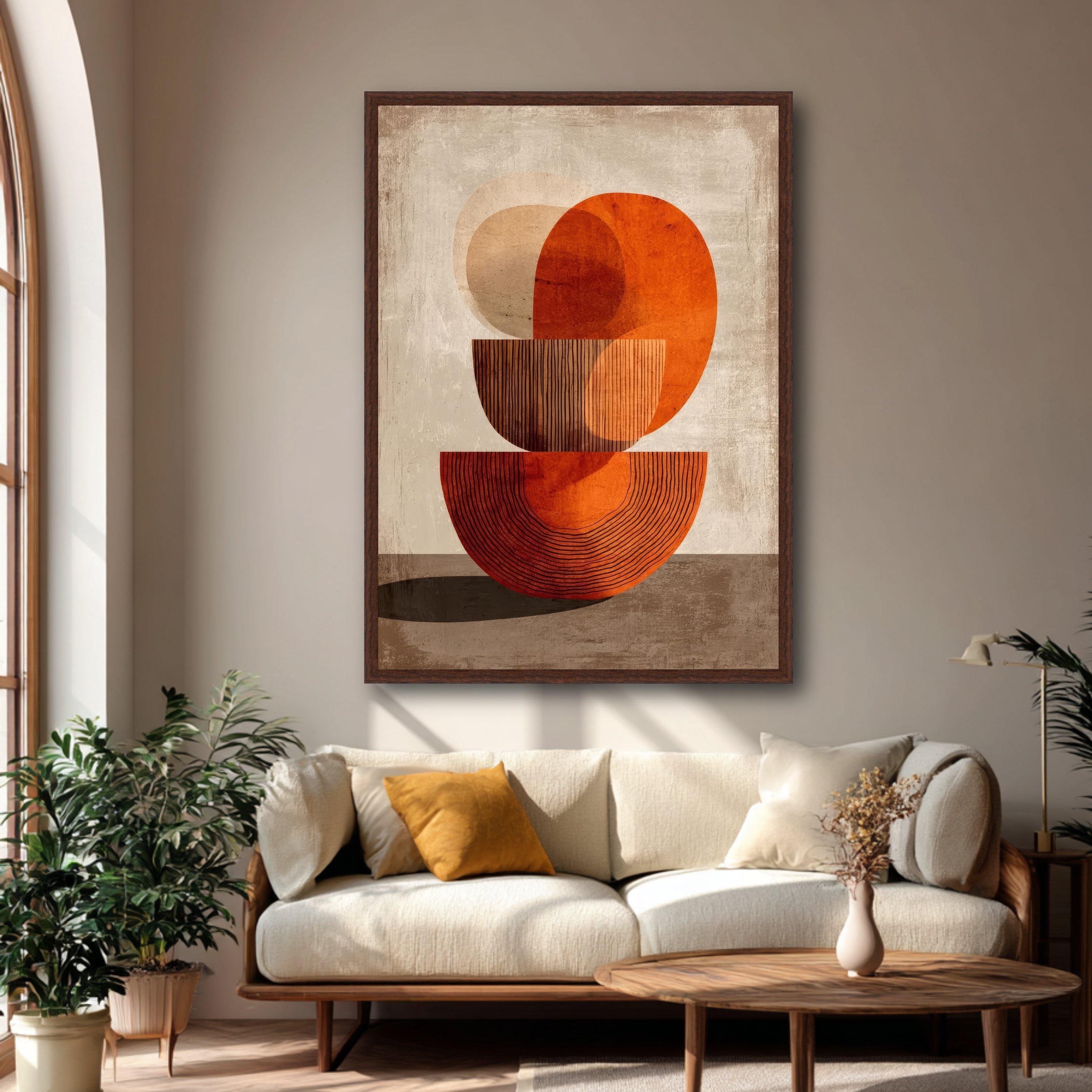 Abstract Geometric Shapes Canvas Wall Art, Modern Neutral Tones, Orange ...