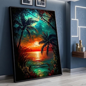 Cuadro de lienzo con puesta de sol tropical, pintura de palmeras en el océano, paisaje costero vibrante, decoración de puesta de sol en la playa, impresión en lienzo de paisaje marino
