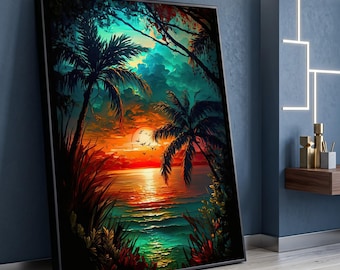 Tropical Sunset Canvas Wall Art, Ocean Palm Trees Painting, Vibrant Coastal Landscape, Beach Sunset Decor, Seascape Canvas Print