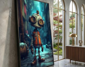 Lindo lienzo de robot vintage para pared, ilustración retro de robot de ciencia ficción, diseño de personaje futurista, decoración steampunk, lienzo para habitación infantil