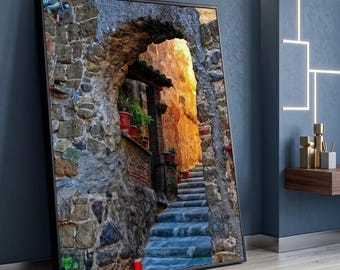 Rustic Stone Archway Canvas Wall Art, Vintage Alleyway Steps, Mediterranean Village Scene, Stone Pathway Canvas, Home Decor Artwork