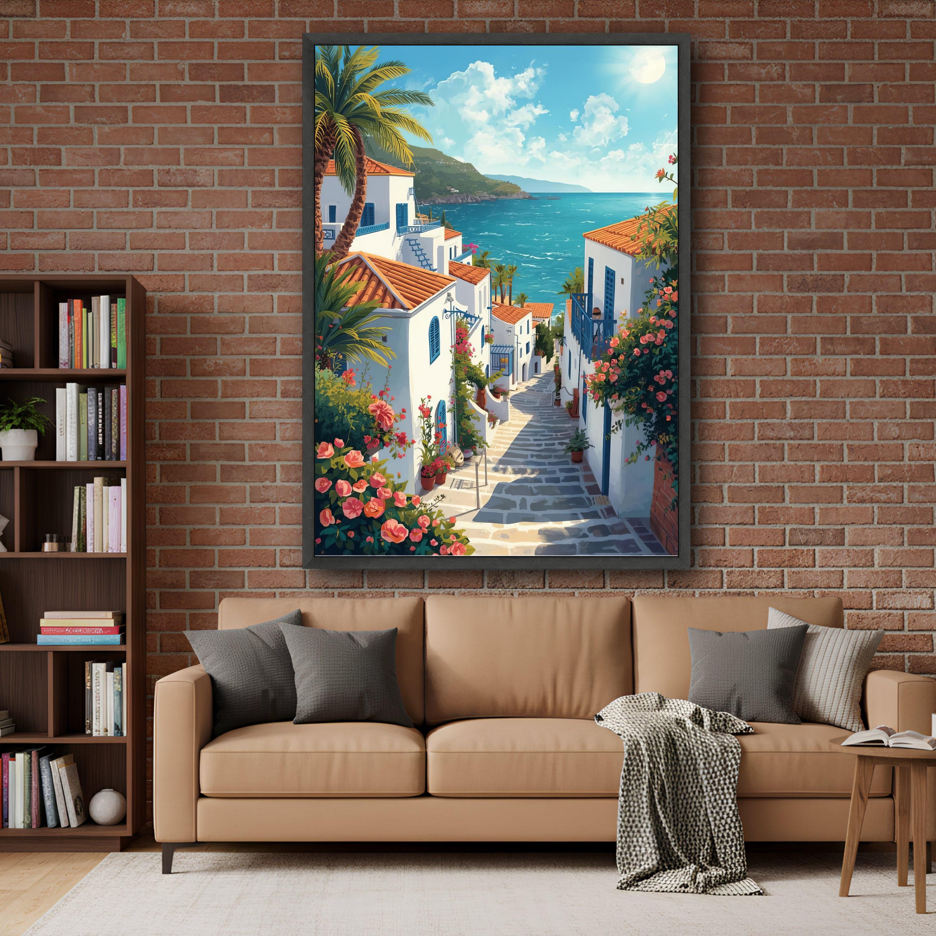 Mediterranean Coastal Village Pathway Canvas, Seaside Landscape Wall ...