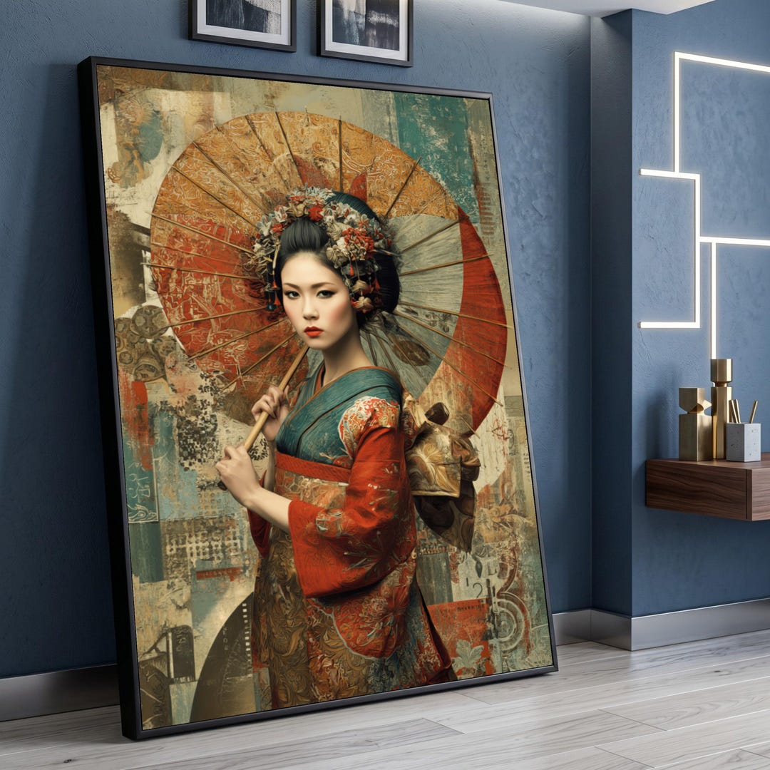 Elegant Geisha With Traditional Umbrella, Asian Cultural Canvas Art ...