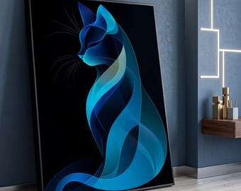 Abstrakte blaue Katze Silhouette Leinwand, moderne Tierwandkunst, geometrisches Katzen Design, digitale Kunstdekoration, zeitgenössische Leinwand