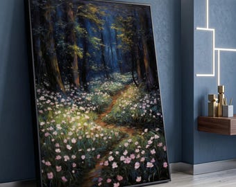Enchanted Forest Pathway Canvas, Floral Meadow Wall Art, Mystical Woodland Landscape, Nature Canvas Decor, Home Decoration Art