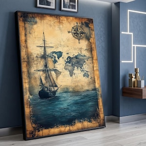 Vintage Sailing Ship Canvas, Nautical Wall Art, World Map Canvas, Ocean Sea Voyage Decor, Compass Rose Illustration, Maritime Canvas Art