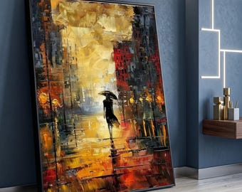 Tela astratta con paesaggio urbano, dipinto di donna con ombrello, quadro da parete con scena notturna urbana, tela moderna sulla vita cittadina, decorazione con vista di strada suggestiva