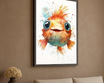 Lienzo de dibujos animados de peces, adorable pez globo naranja, pintura colorida de animales marinos, decoración para habitación infantil, divertido lienzo marino.