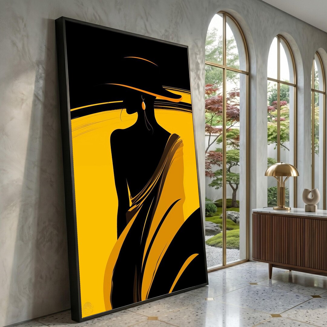 Elegant Silhouette Woman in Wide Brim Hat Canvas, Modern Abstract Wall ...