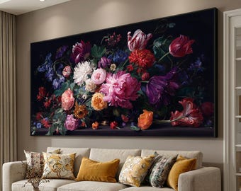 Classic Floral Still Life Canvas, Vibrant Peonies and Tulips Wall Art, Dramatic Dark Background Botanical Canvas, Elegant Home Decoration