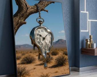 Surreal Melting Clock Canvas, Dali Wall Art, Desert Landscape Canvas, Unique Modern Home Decor, Time Concept Painting