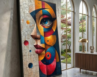 Abstract Geometric Face Canvas, Modern Colorful Portrait Wall Art, Cubism Style, Contemporary Home Decoration, Ready to Hang Artwork