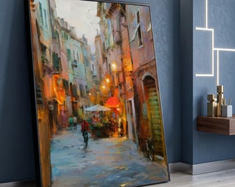 Charming European Street Scene Canvas, City Alleyway Wall Art, Cozy Cafe Painting, Warm Light Urban Decor, Vibrant Cityscape Canvas Art
