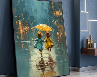 Joyful Rainy Day, Children Holding Umbrella Canvas, Colorful Impressionist Wall Art, Urban Rain Scene Canvas Decoration, Playful Kids