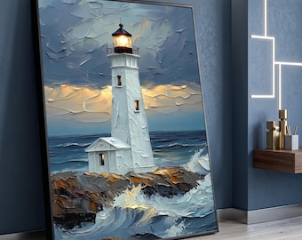 Illuminated Lighthouse by Stormy Sea Canvas, Coastal Wall Art, Ocean Waves Canvas, Nautical Home Decor, Seaside Landscape Painting