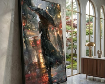 Donna elegante in un paesaggio urbano piovoso, tela con scena notturna urbana, arte murale con ombrello malinconico, decorazione su tela con riflessi di pioggia, vita cittadina moderna