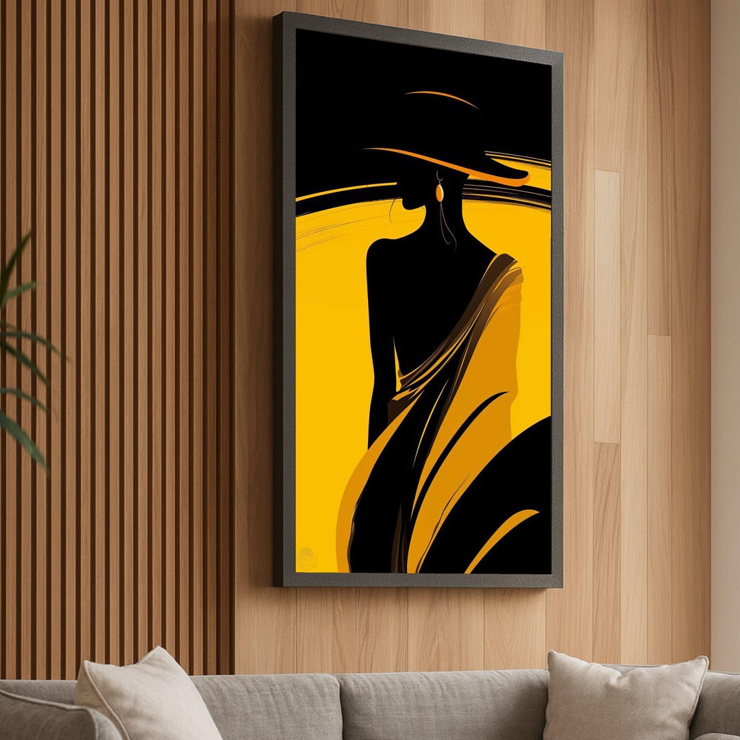 Elegant Silhouette Woman in Wide Brim Hat Canvas, Modern Abstract Wall ...