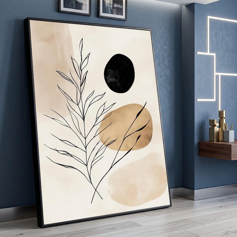 Minimalistisk botanisk canvastavla, abstrakt naturdesign, modern linjekonsttryck, heminredning i neutrala toner, redo att hängas upp canvas bild 1