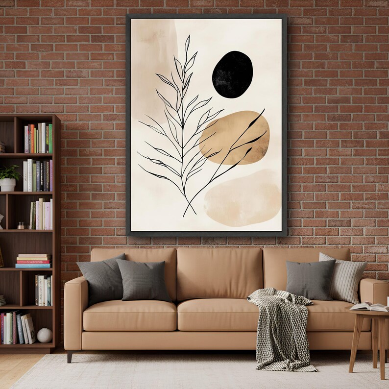 Minimalistisk botanisk canvastavla, abstrakt naturdesign, modern linjekonsttryck, heminredning i neutrala toner, redo att hängas upp canvas bild 4