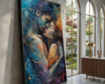 Canvaskunst aan de muur intieme omhelzing, romantisch stel schilderij, abstract liefdeskunstwerk, canvas emotionele expressie, moderne huisdecoratie