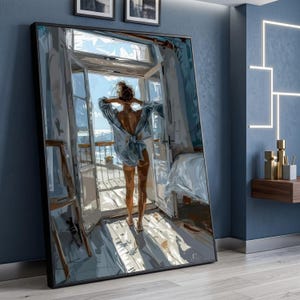 Morning Light Woman, Open Balcony Canvas, Bedroom Wall Art, Coastal View Canvas, Relaxing Interior Decor, Contemporary Canvas Print