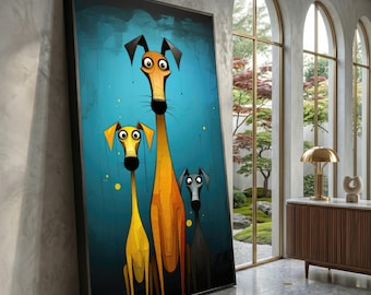 May include: A framed art print depicting three cartoon dogs with long necks and big eyes. The dogs are in yellow, orange, and grey against a teal blue backdrop. The artwork has a modern, cartoonish style, suitable for a contemporary home.