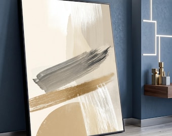 Neutral abstrakt penseldrag canvas, modern minimalistisk väggkonst, beige och grå canvastavla, modern heminredning, redo att hängas