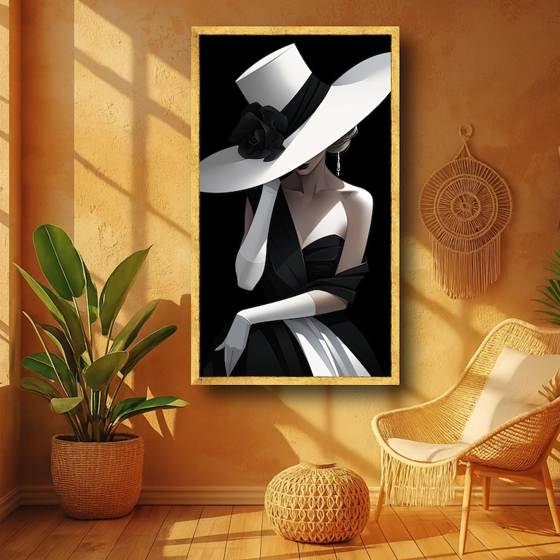 Elegant Woman in Black Dress With Large Hat Canvas, Fashion Portrait ...