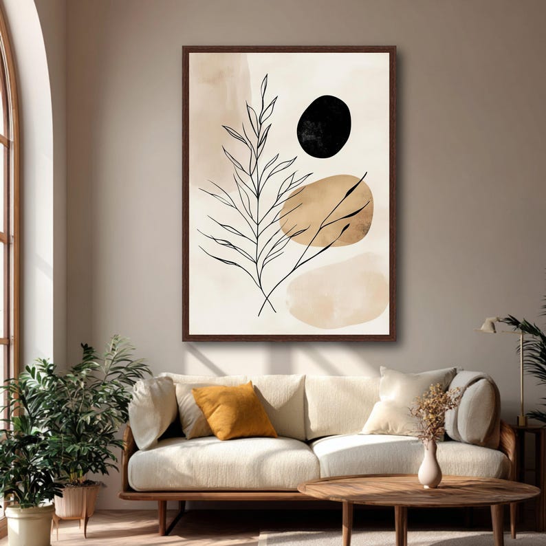 Minimalistisk botanisk canvastavla, abstrakt naturdesign, modern linjekonsttryck, heminredning i neutrala toner, redo att hängas upp canvas bild 8