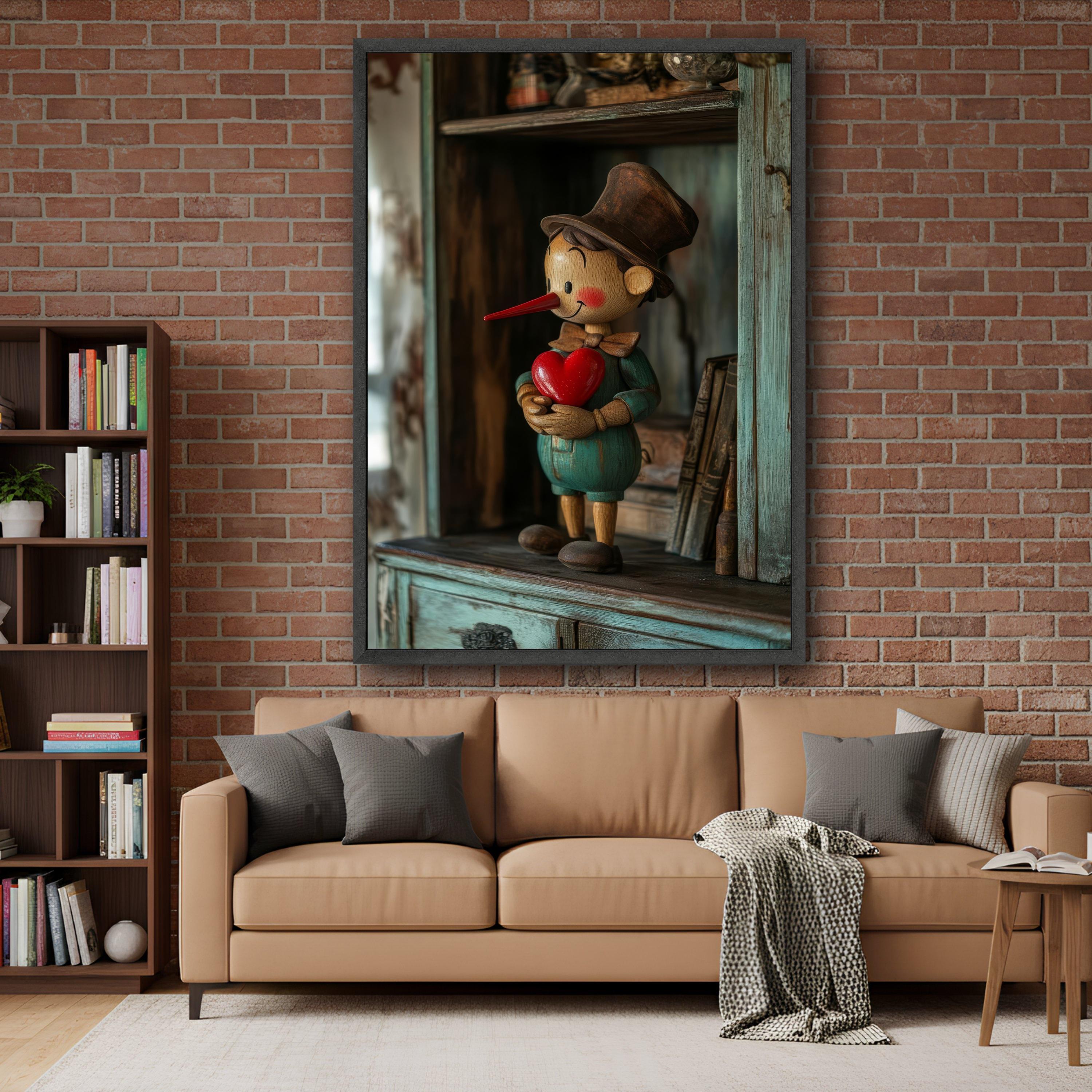 Vintage Pinocchio Holding Red Heart Canvas, Whimsical Wooden Doll Wall ...