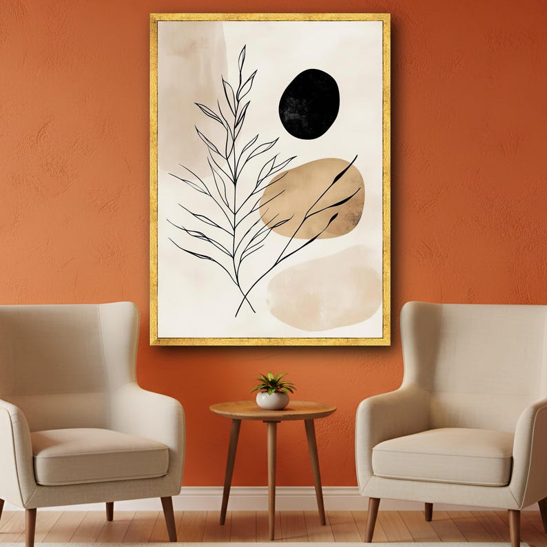 Minimalistisk botanisk canvastavla, abstrakt naturdesign, modern linjekonsttryck, heminredning i neutrala toner, redo att hängas upp canvas bild 3