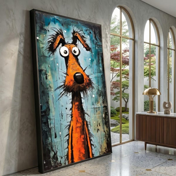 Udda tecknad hund på canvas, abstrakt väggkonst med husdjur, lekfull djurdekor på canvas, nyckfull heminredning