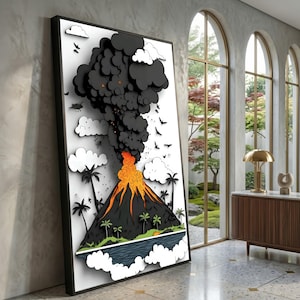Puede incluir: Una obra de arte 3D enmarcada que representa una erupción volcánica. La obra presenta un volcán negro con lava naranja, humo oscuro, nubes blancas y palmeras. La pieza está enmarcada en negro sobre un fondo blanco.