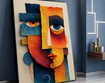 Abstract Cubist Face Canvas Wall Art, Modern Geometric Portrait, Colorful Contemporary Art for Home, Vibrant Expressionist Decoration