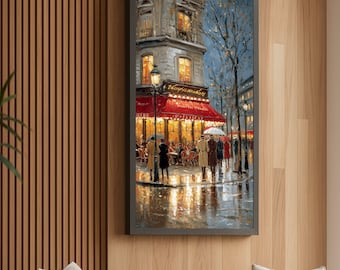 Paris Street Cafe Scene Canvas, Evening Cityscape Wall Art, Vintage Urban Impressionist Painting, Rainy Night Reflection Decor