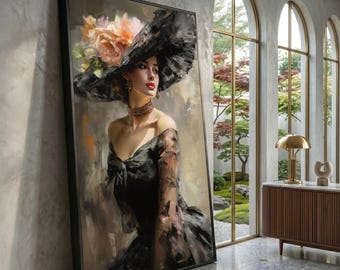 Retrato de dama elegante, lienzo de moda vintage, arte mural con sombrero floral, pintura de mujer clásica, decoración elegante para el hogar, impresión en lienzo de bellas artes