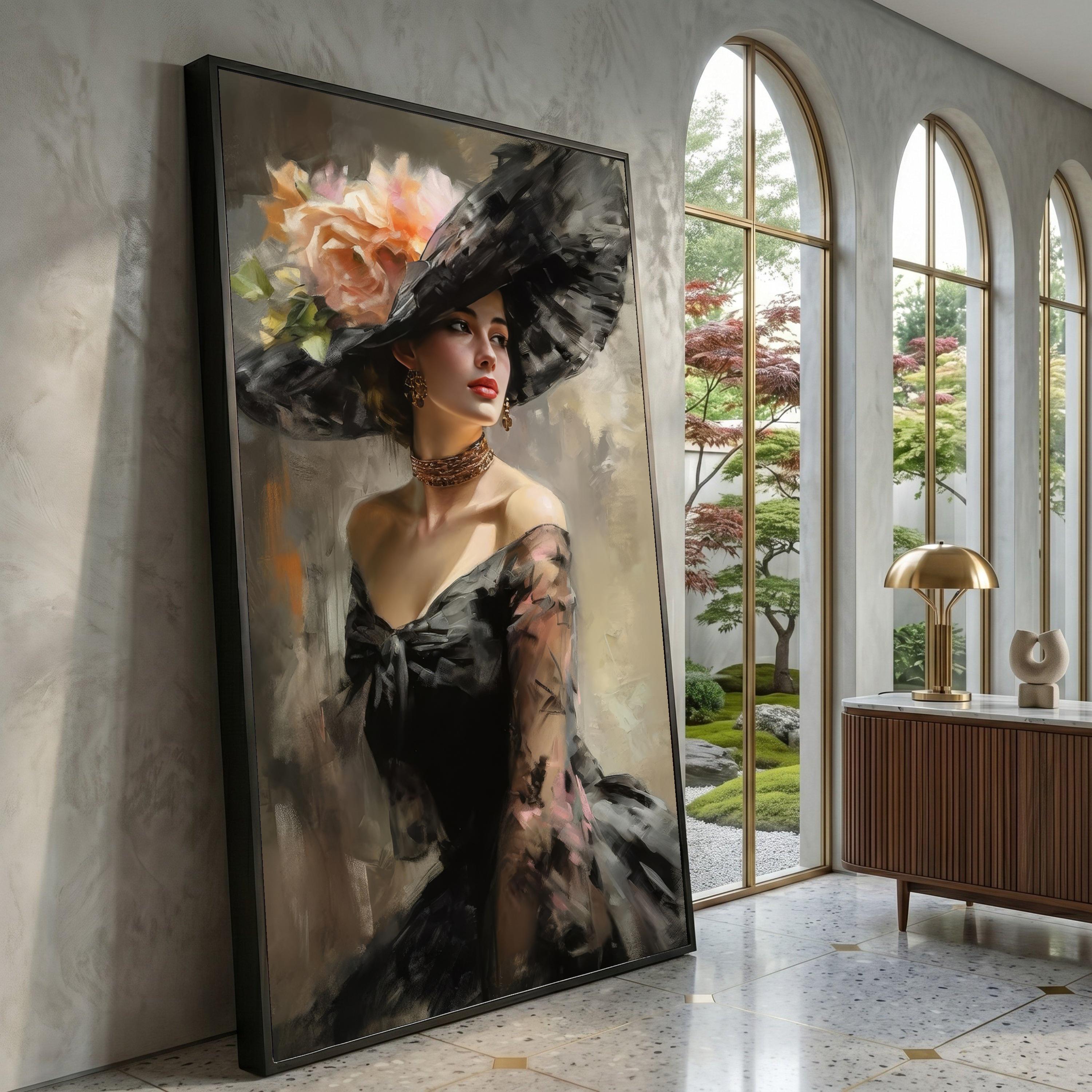 Elegant Lady Portrait, Vintage Fashion Canvas, Floral Hat Wall Art ...