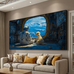 Könnte beinhalten: Ein großer gerahmter Druck zeigt einen Astronauten und einen Hund, die durch ein Bullauge auf die Erde blicken. Die Szene spielt in einem Raumschiff, mit detaillierten Paneelen und Maschinen. Die Erde ist ein leuchtendes Blau und Weiß.