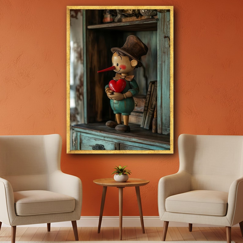Vintage Pinocchio Holding Red Heart Canvas, Whimsical Wooden Doll Wall ...